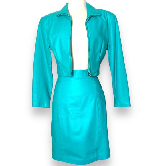 Vintage 80s Yucatan Bay Teal 2 Piece Leather Mini Skirt Jacket Matching Suit Set - Picture 3 of 11